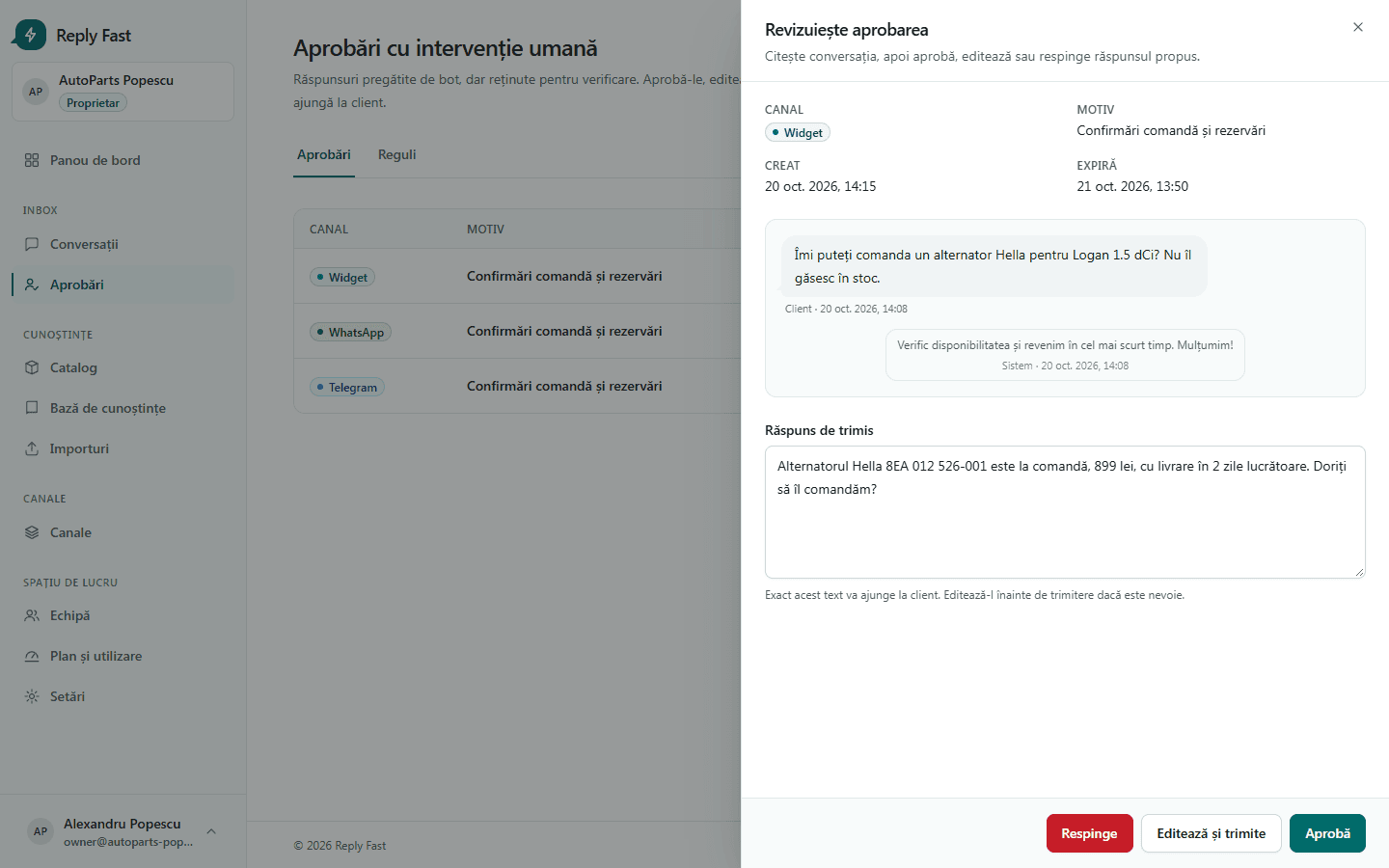 Reply Fast — asistent AI pentru WhatsApp, Telegram și site